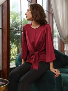 MOTF PREMIUM SILK BELL SLEEVE BELTED TOP - Burgundy - View 5