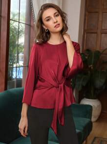 MOTF PREMIUM SILK BELL SLEEVE BELTED TOP - Burgundy - View 6