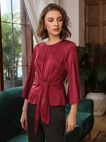 MOTF PREMIUM SILK BELL SLEEVE BELTED TOP - Burgundy - View 7