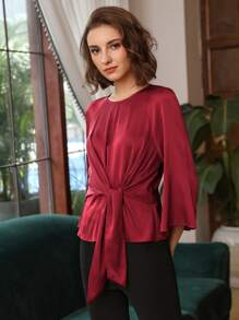 MOTF PREMIUM SILK BELL SLEEVE BELTED TOP - Burgundy - View 8