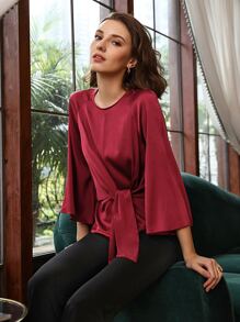 MOTF PREMIUM SILK BELL SLEEVE BELTED TOP - Burgundy - View 9