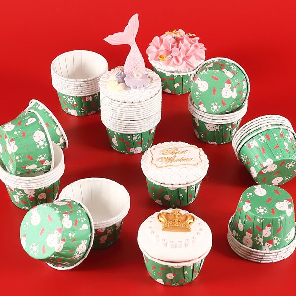 

50pcs Christmas Cartoon Graphic Cupcake Mold, Green