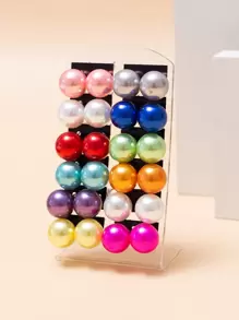 12對人造珍珠裝飾耳釘 - 彩色 - 查看 1