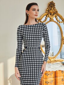 SHEIN Privé In Houndstooth Chi tiết Nút Tách rời Váy bodycon Trang phục làm việc - Đen và trắng - Xem 3