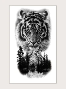 1 Pieza Tatuaje Temporal De Gran Tamaño Para El Brazo Con Diseño De Tigre, Bosque Y Montaña, Transferible En Agua - Negro - Ver 1