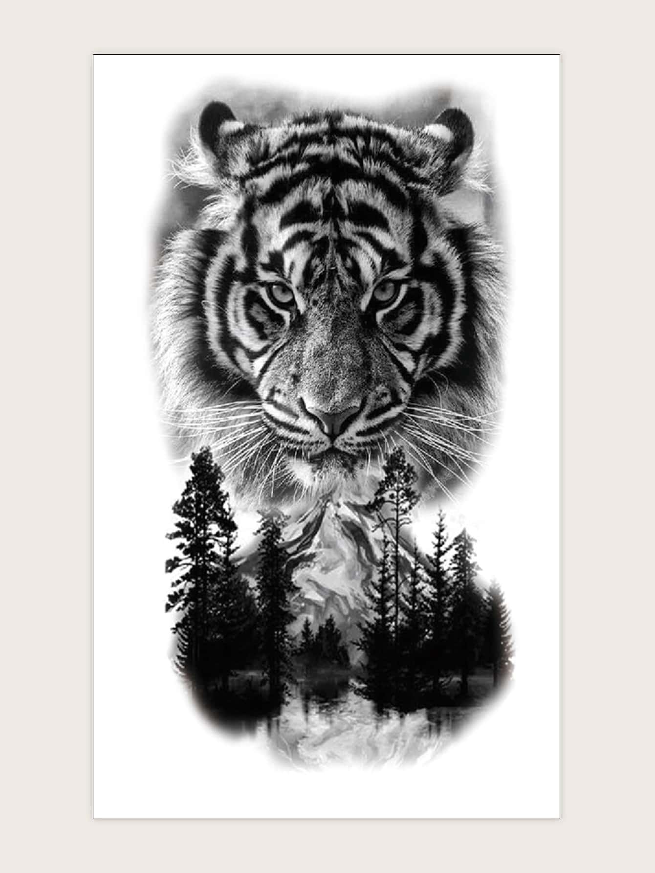 1 Pieza Tatuaje Temporal De Gran Tamaño Para El Brazo Con Diseño De Tigre, Bosque Y Montaña, Transferible En Agua - Negro - Ver 1