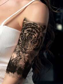 1 Pieza Tatuaje Temporal De Gran Tamaño Para El Brazo Con Diseño De Tigre, Bosque Y Montaña, Transferible En Agua - Negro - Ver 2