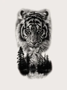1 Pieza Tatuaje Temporal De Gran Tamaño Para El Brazo Con Diseño De Tigre, Bosque Y Montaña, Transferible En Agua - Negro - Ver 4