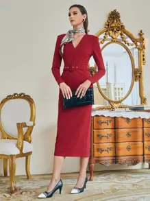 SHEIN Đầm Thắt lưng Chia Dây kéo màu trơn Thanh lịch - Màu Đỏ Sâu - Xem 1