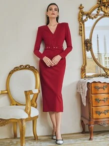 SHEIN Đầm Thắt lưng Chia Dây kéo màu trơn Thanh lịch - Màu Đỏ Sâu - Xem 3