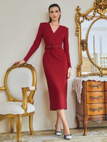 SHEIN Đầm Thắt lưng Chia Dây kéo màu trơn Thanh lịch - Màu Đỏ Sâu - Xem 4