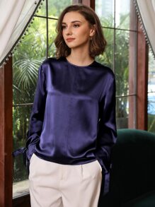 MOTF PREMIUM 100% SILK SLIT SLEEVE TOP - Navy Blue - View 1