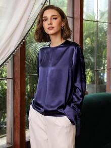 MOTF PREMIUM 100% SILK SLIT SLEEVE TOP - Navy Blue - View 3
