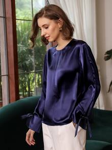 MOTF PREMIUM 100% SILK SLIT SLEEVE TOP - Navy Blue - View 10