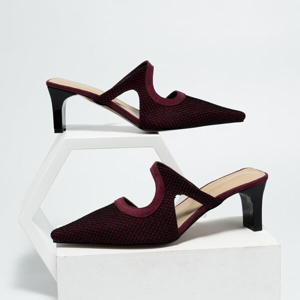 

Mesh Panel Cut Out Chunky Heeled Mules, Burgundy