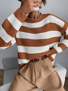 SHEIN Essnce Drop Shoulder Striped Jumper - Brown - View 1