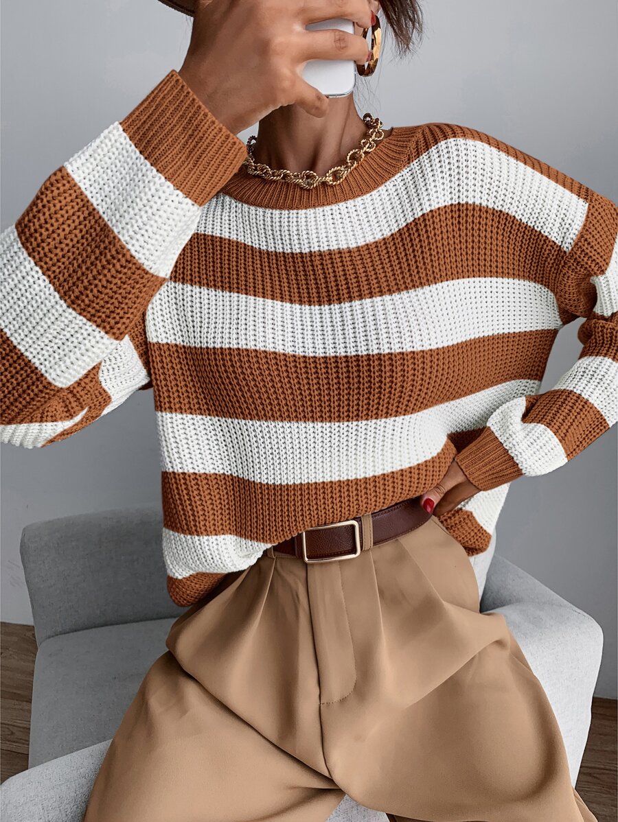 SHEIN Essnce Drop Shoulder Striped Jumper - Brown - View 1