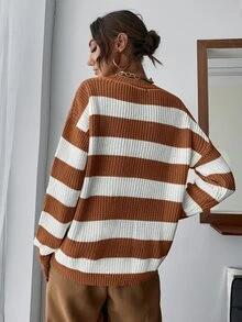 SHEIN Essnce Drop Shoulder Striped Jumper - Brown - View 2