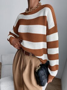 SHEIN Essnce Drop Shoulder Striped Jumper - Brown - View 3