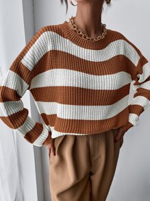 SHEIN Essnce Drop Shoulder Striped Jumper - Brown - View 4