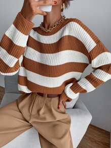 SHEIN Essnce Drop Shoulder Striped Jumper - Brown - View 5