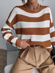 SHEIN Essnce Drop Shoulder Striped Jumper - Brown - View 6