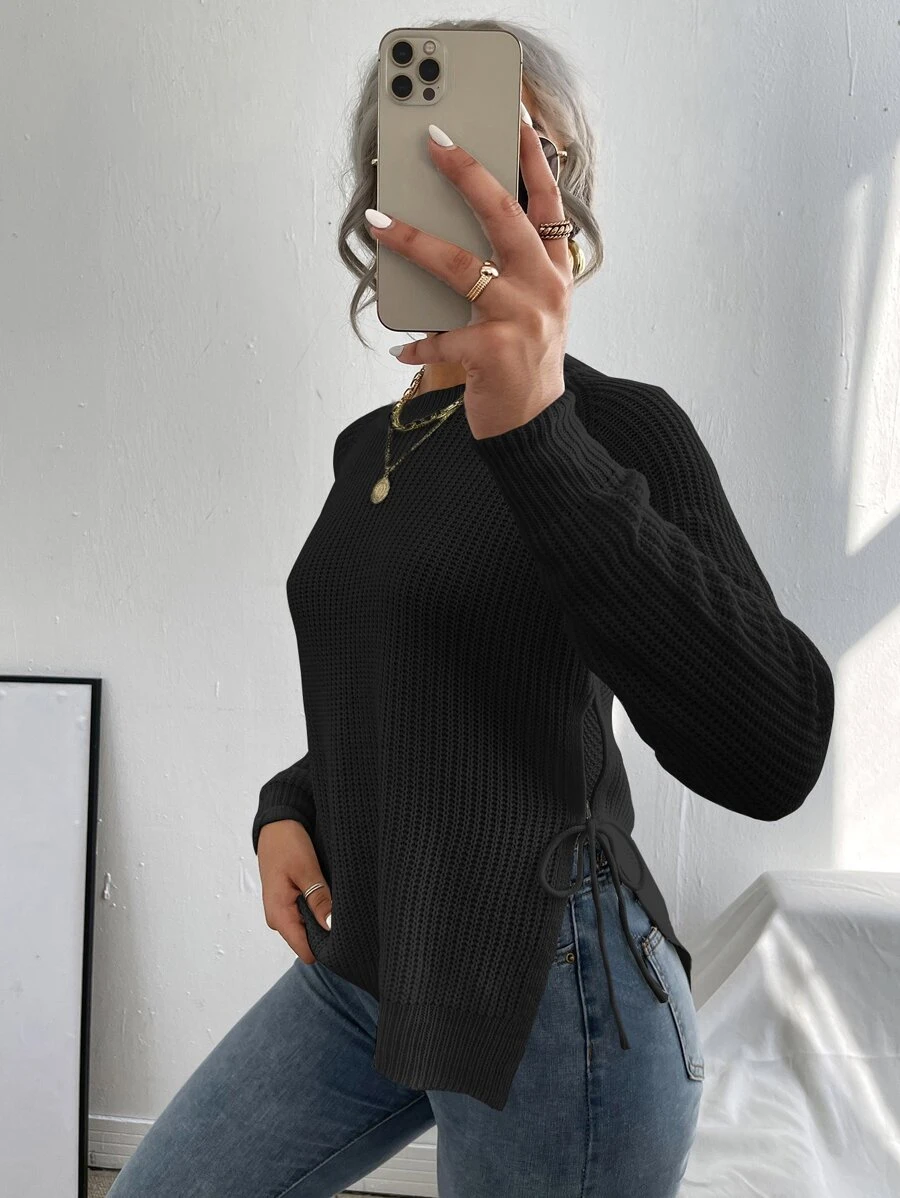 EMERY ROSE Split Knot Side Raglan Sleeve Jumper - Black - View 1