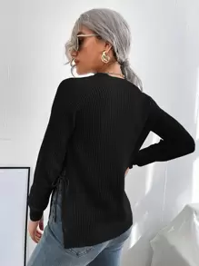 EMERY ROSE Split Knot Side Raglan Sleeve Jumper - Black - View 2