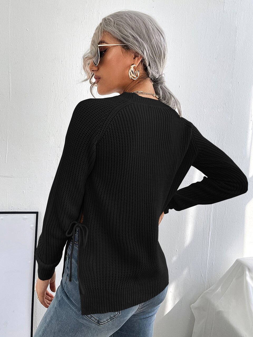 Split Knot Side Raglan Sleeve Sweater,Long Sleeve Tops Knit Pullover Fall Winter