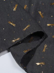 1条深灰色箔片圆点蜻蜓图案围巾，波西米亚风格领巾，适合外出和盛装打扮 - 深灰色 - 查看 3