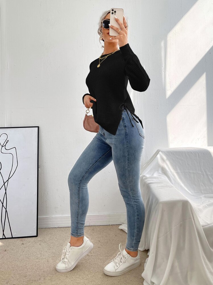 EMERY ROSE 分叉打结侧插肩袖毛衣，长袖针织套头衫，秋冬款 - 黑色 - 查看 5