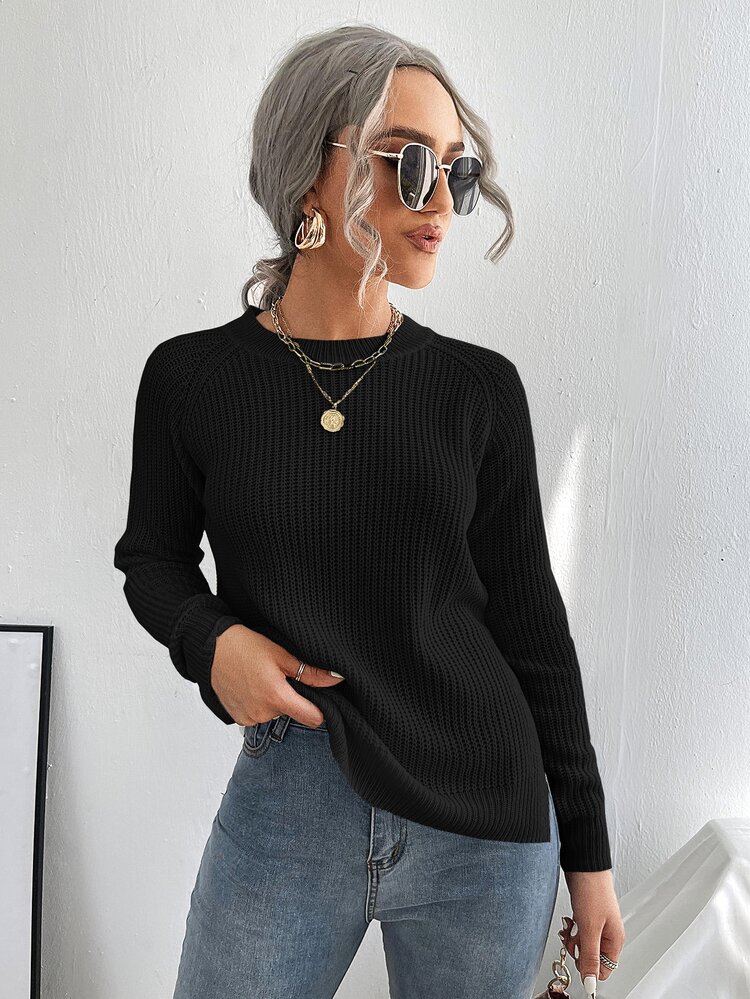 Split Knot Side Raglan Sleeve Sweater,Long Sleeve Tops Knit Pullover Fall Winter