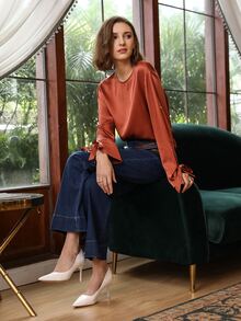 MOTF PREMIUM 100% SILK SLIT SLEEVE TOP - Burnt Orange - View 3