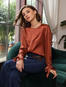 MOTF PREMIUM 100% SILK SLIT SLEEVE TOP - Burnt Orange - View 5