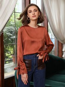 MOTF PREMIUM 100% SILK SLIT SLEEVE TOP - Burnt Orange - View 9