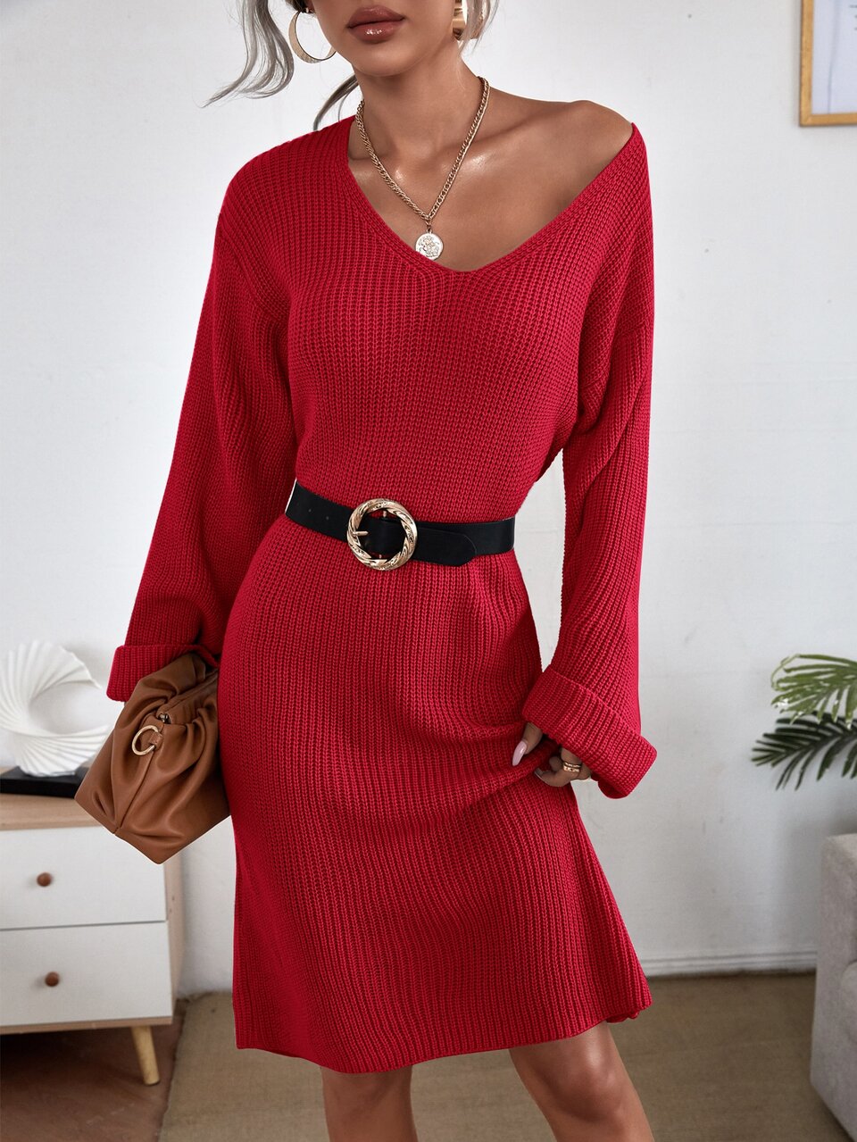 Solid Drop Shoulder Sweater Dress Without Belt