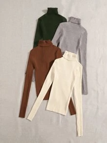 Chiquease 4pcs Turtle Neck Ribbed Knit Jumper - Multicolor - View 3