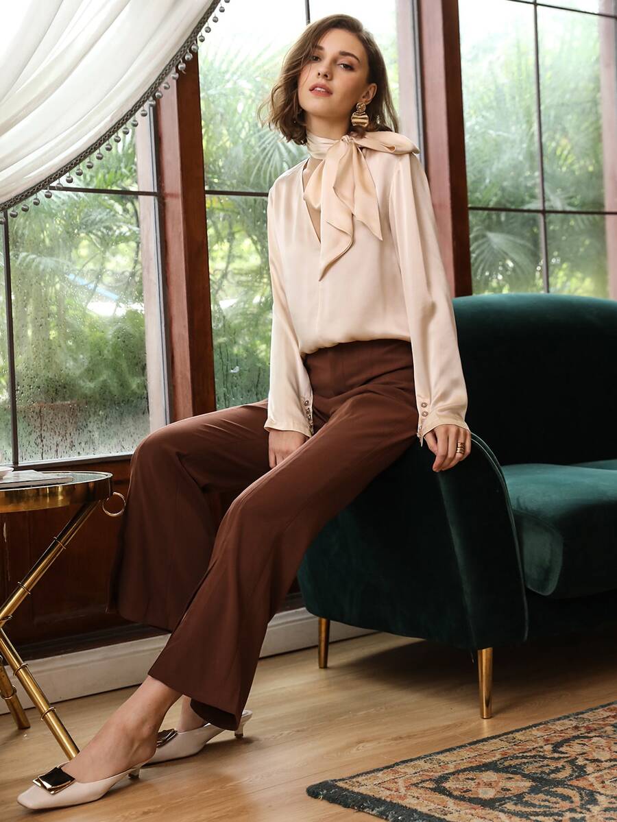 MOTF PREMIUM 100% SILK TIE NECK TOP - Apricot - View 1