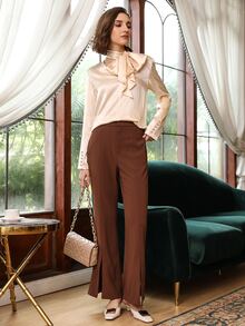 MOTF PREMIUM 100% SILK TIE NECK TOP - Apricot - View 4