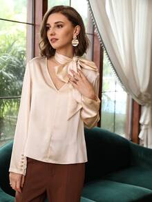 MOTF PREMIUM 100% SILK TIE NECK TOP - Apricot - View 5