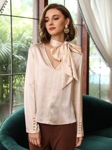 MOTF PREMIUM 100% SILK TIE NECK TOP - Apricot - View 7