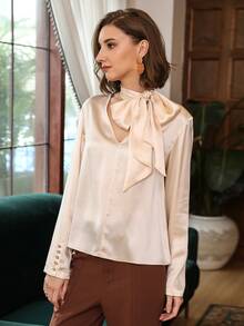 MOTF PREMIUM 100% SILK TIE NECK TOP - Apricot - View 8