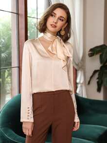 MOTF PREMIUM 100% SILK TIE NECK TOP - Apricot - View 9