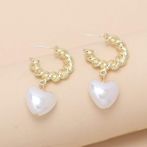

Faux Pearl Heart Drop Earrings, Gold