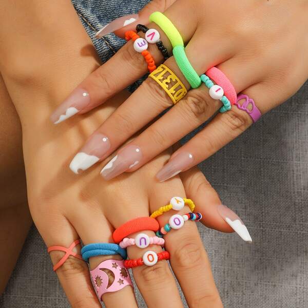 

16pcs Letter Bead Decor Ring, Multicolor