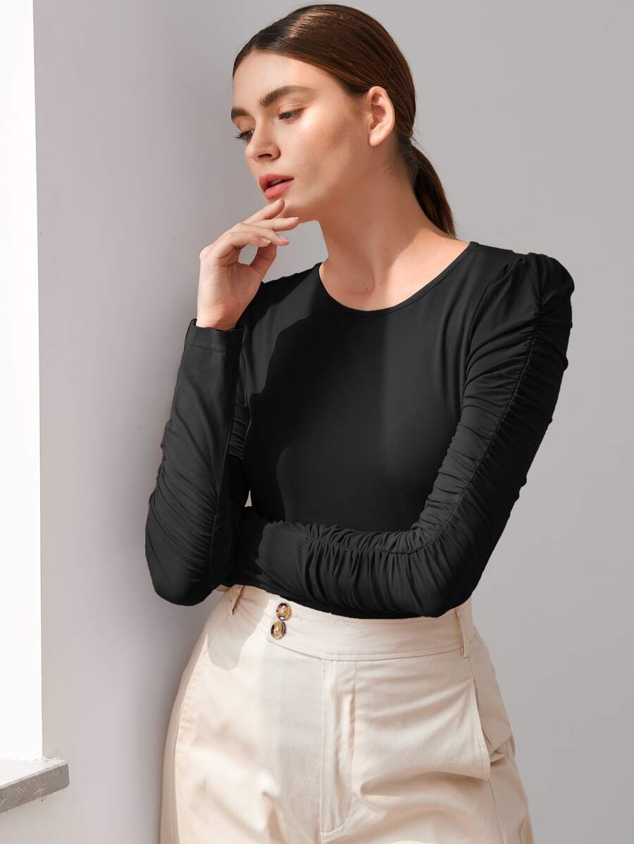 SHEIN Camiseta delgada de manga fruncido unicolor