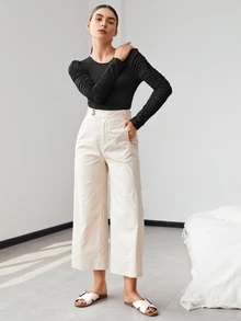 SHEIN Camiseta delgada de manga fruncido unicolor