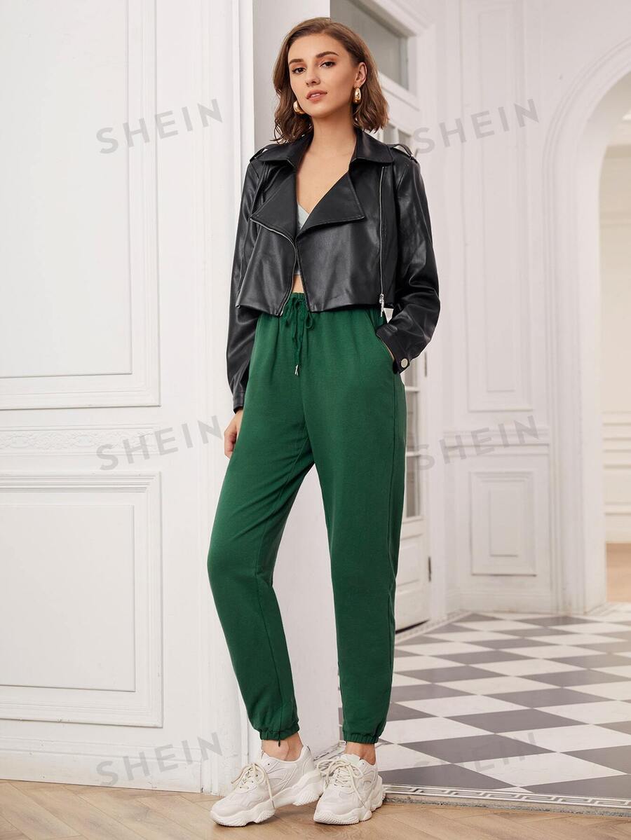 SHEIN Essnce Pantalones deportivos unicolor con cordón - Verde - Ver 1