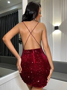 SHEIN Vestido ajustado de espalda abierta con tira cruzada fruncido con lentejuelas - Burdeos - Ver 2