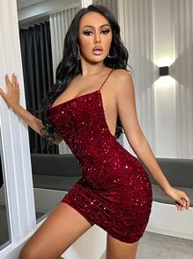 SHEIN Vestido ajustado de espalda abierta con tira cruzada fruncido con lentejuelas - Burdeos - Ver 4